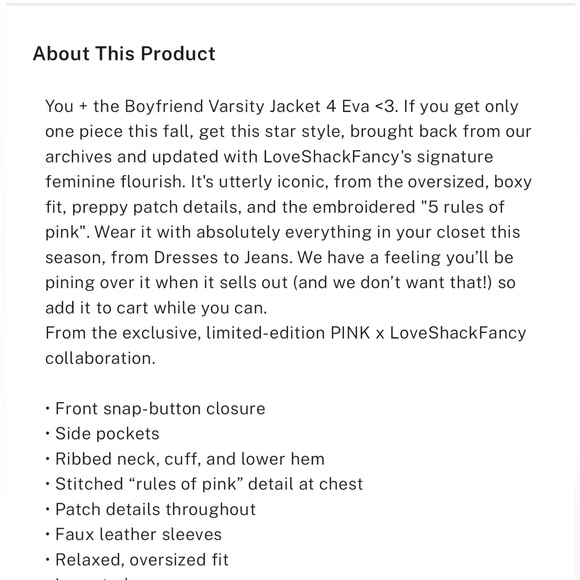 Love Shack Fancy x VS PINK Varsity Jacket pink reissued boyfriend medium - Picture 8 of 8